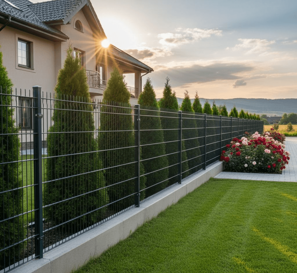 Green mesh panel fence residential